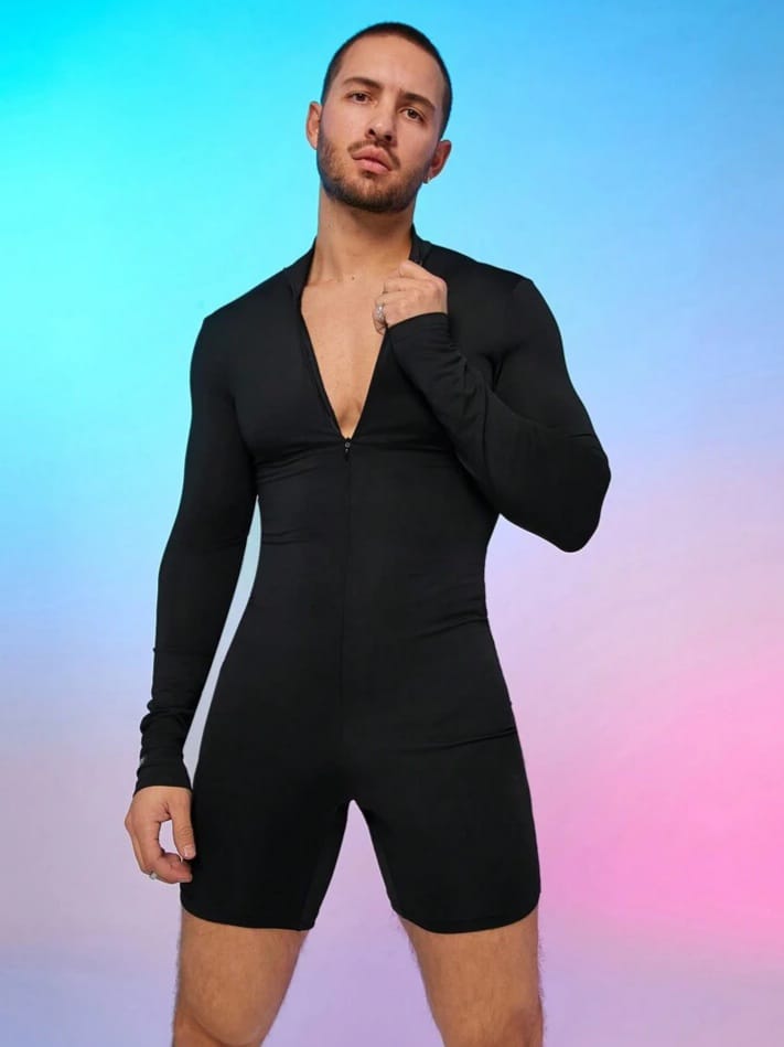 Crystal City Men's Knit Skinny Mock Neck Hidden Zipper Long Sleeve Romper
